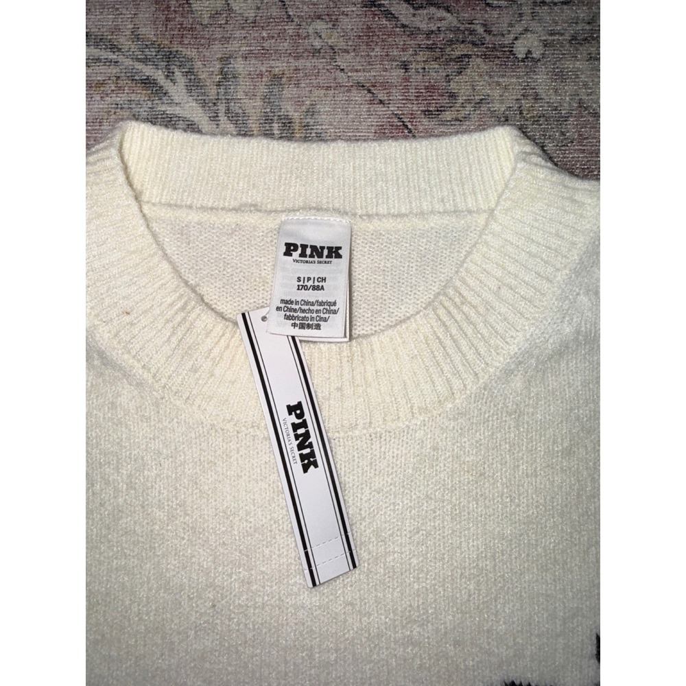 Victoria's Secret PINK Dog Graphic Crewneck Sweater Cream Ivory Heart Small NEW - Picture 4 of 7